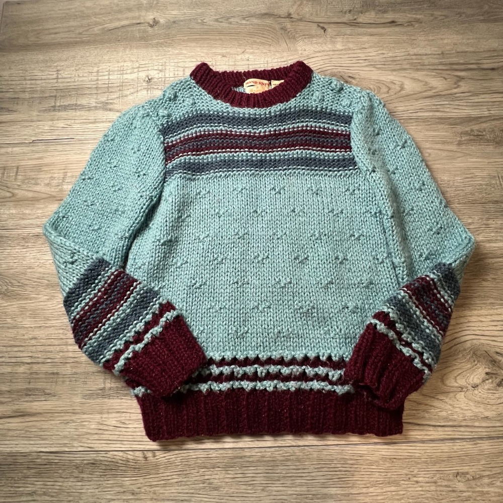 Hand-Knit Sweater Unisex‎ Medium Blue Burgundy Striped Popcorn Stitch Vintage